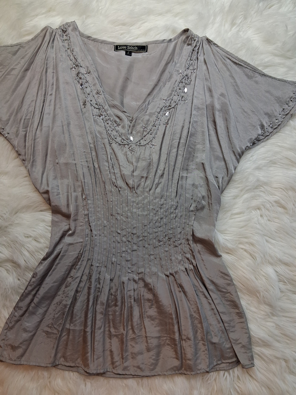 Love Stitch Embellished Smocked Waist Blouse in Gray Large